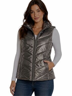 LANDS’ END Women’s Metallic Pewter Down Puffer Vest Full Zip Medium